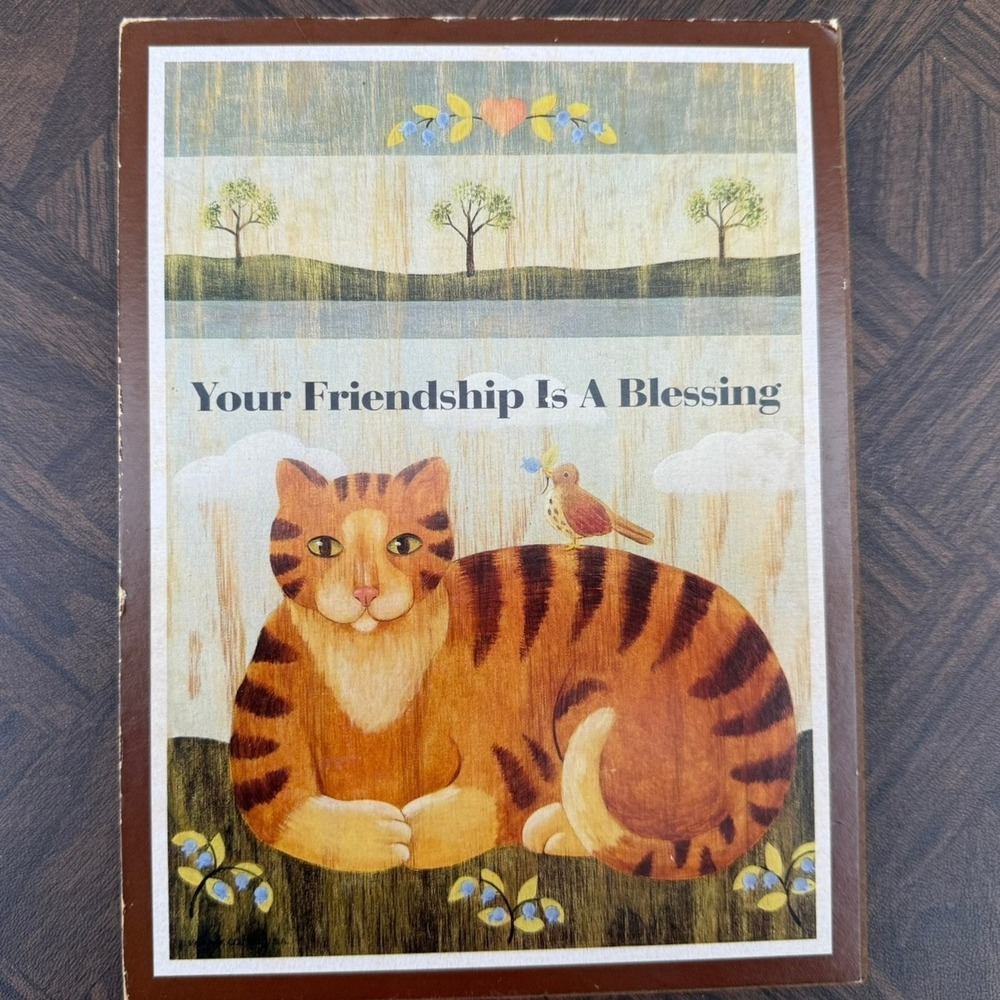 Vintage Cat Folk Art Plaque Your Friendship Is A Blessing Wood Sign Decor Deco